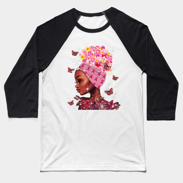 In October We Wear Pink Black Woman Breast Cancer Awareness Baseball T-Shirt by ShariLambert